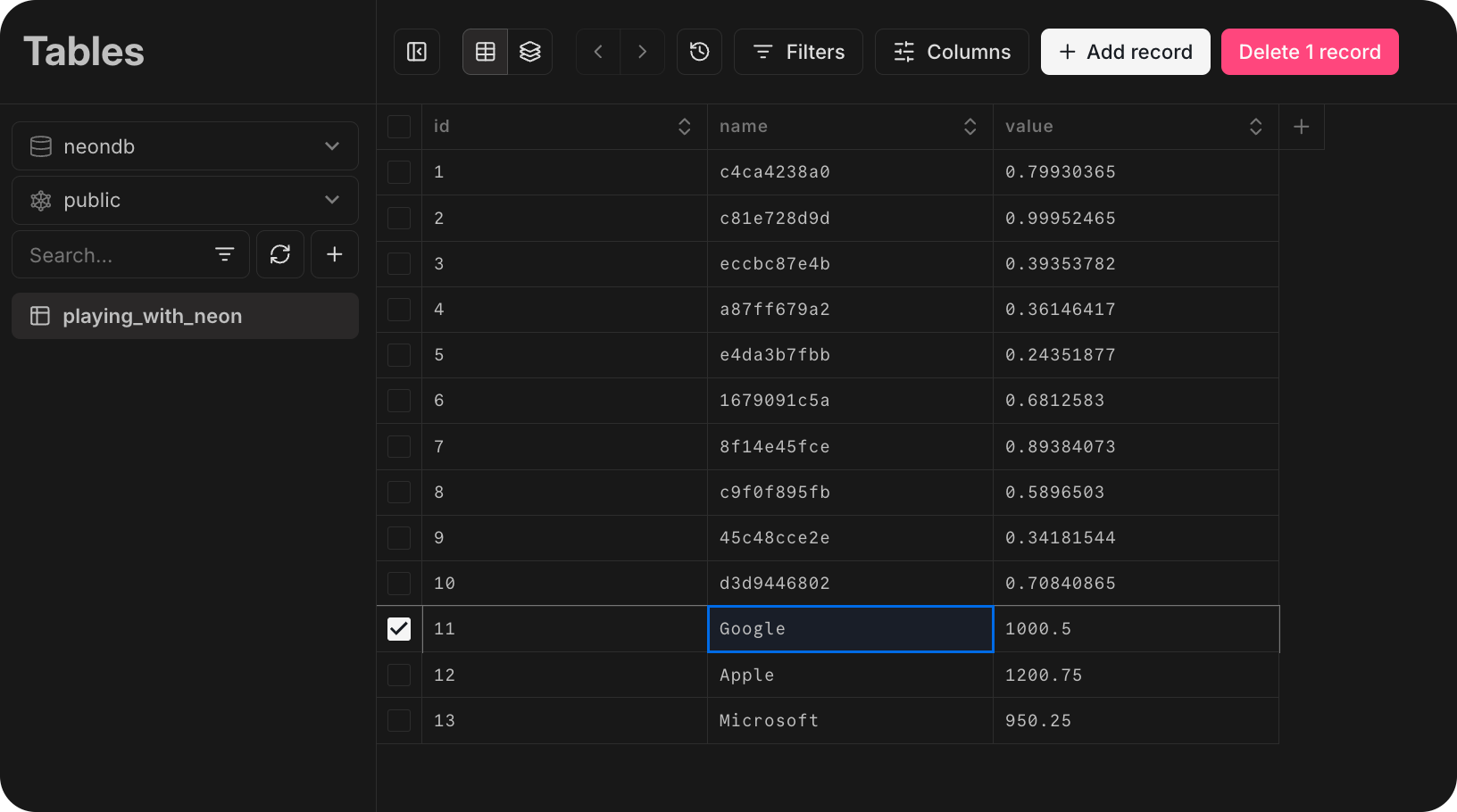 Tables page Drizzle integration