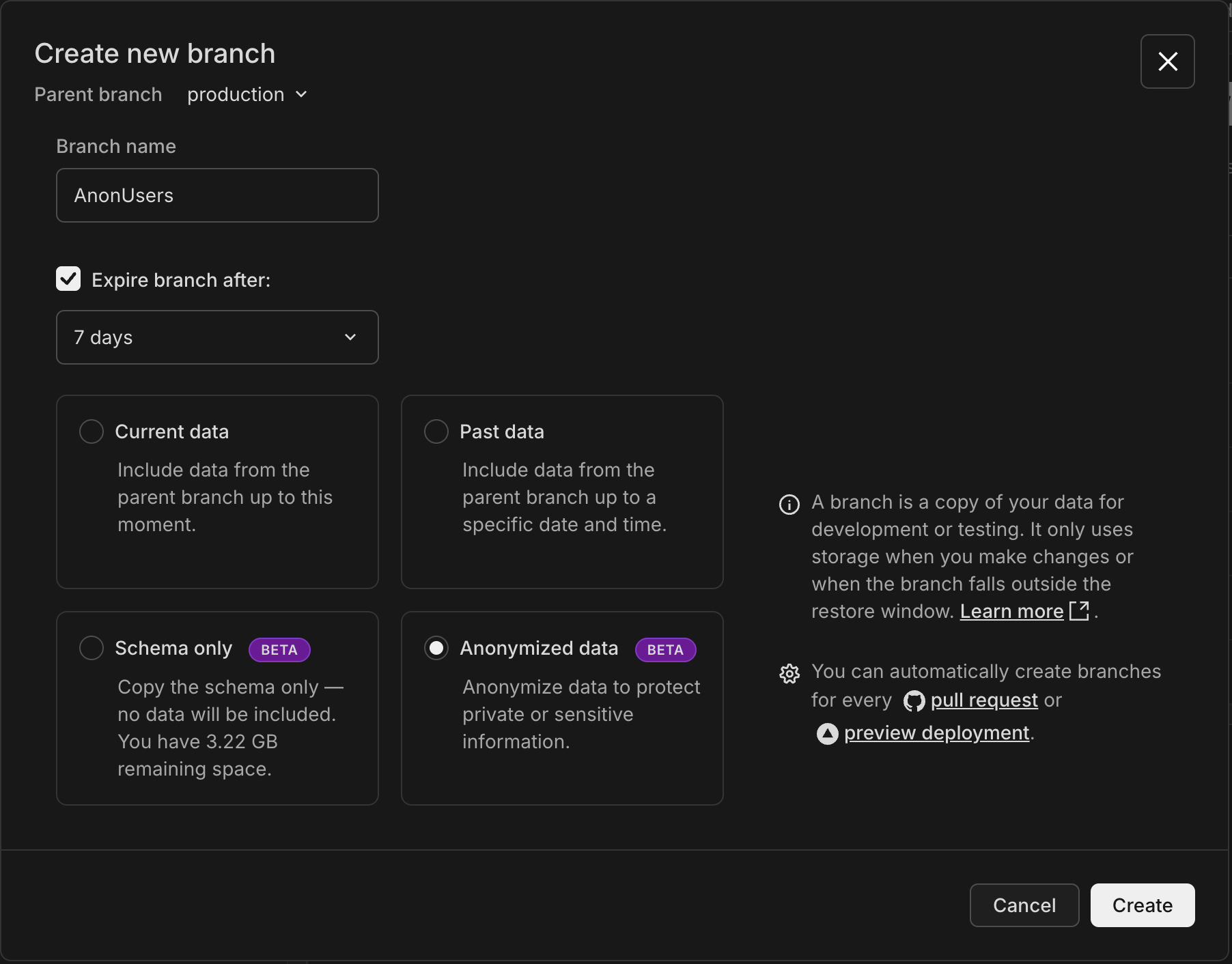 Neon Console 'Create new branch' dialog with 'Anonymized data' selected