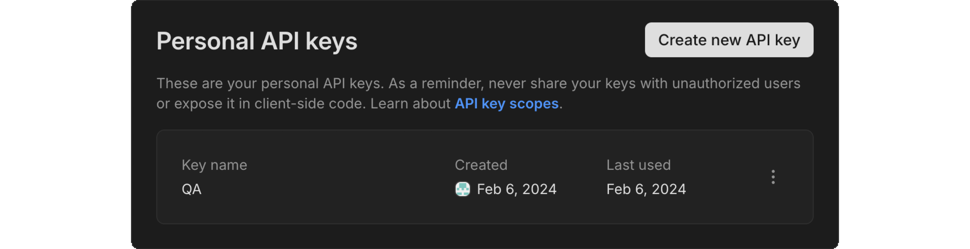 Personal API keys section in Account settings.