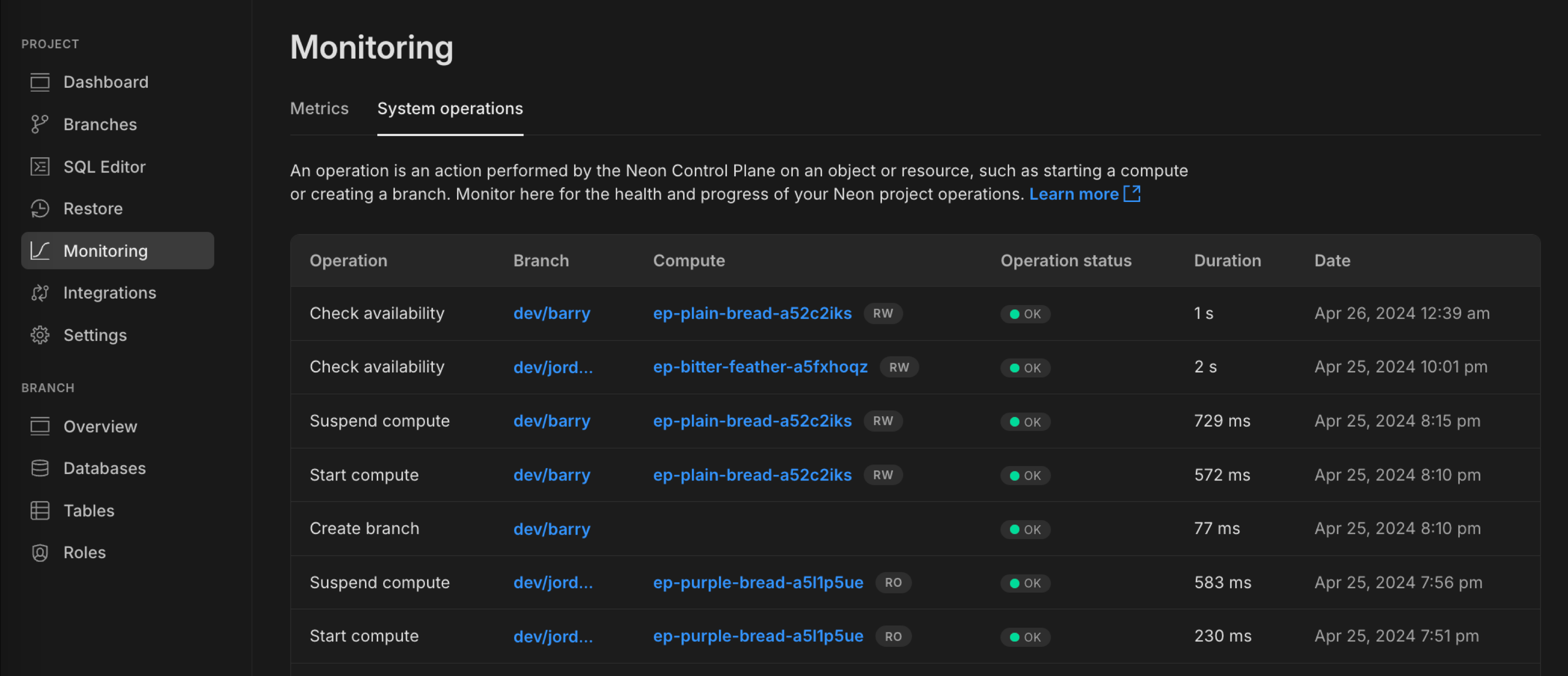 operations tab