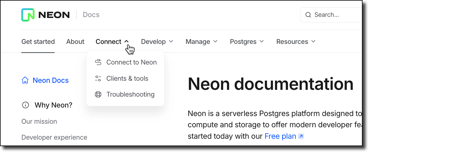 Neon docs new navigation