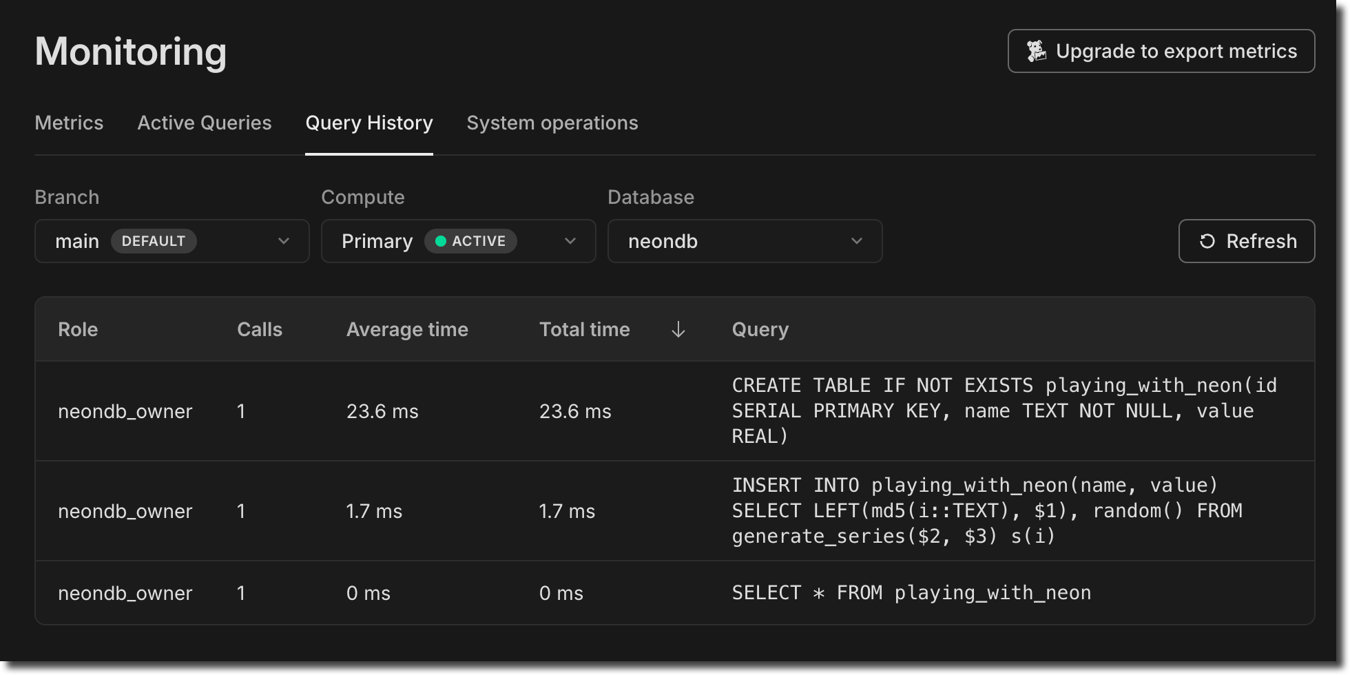 Neon query history