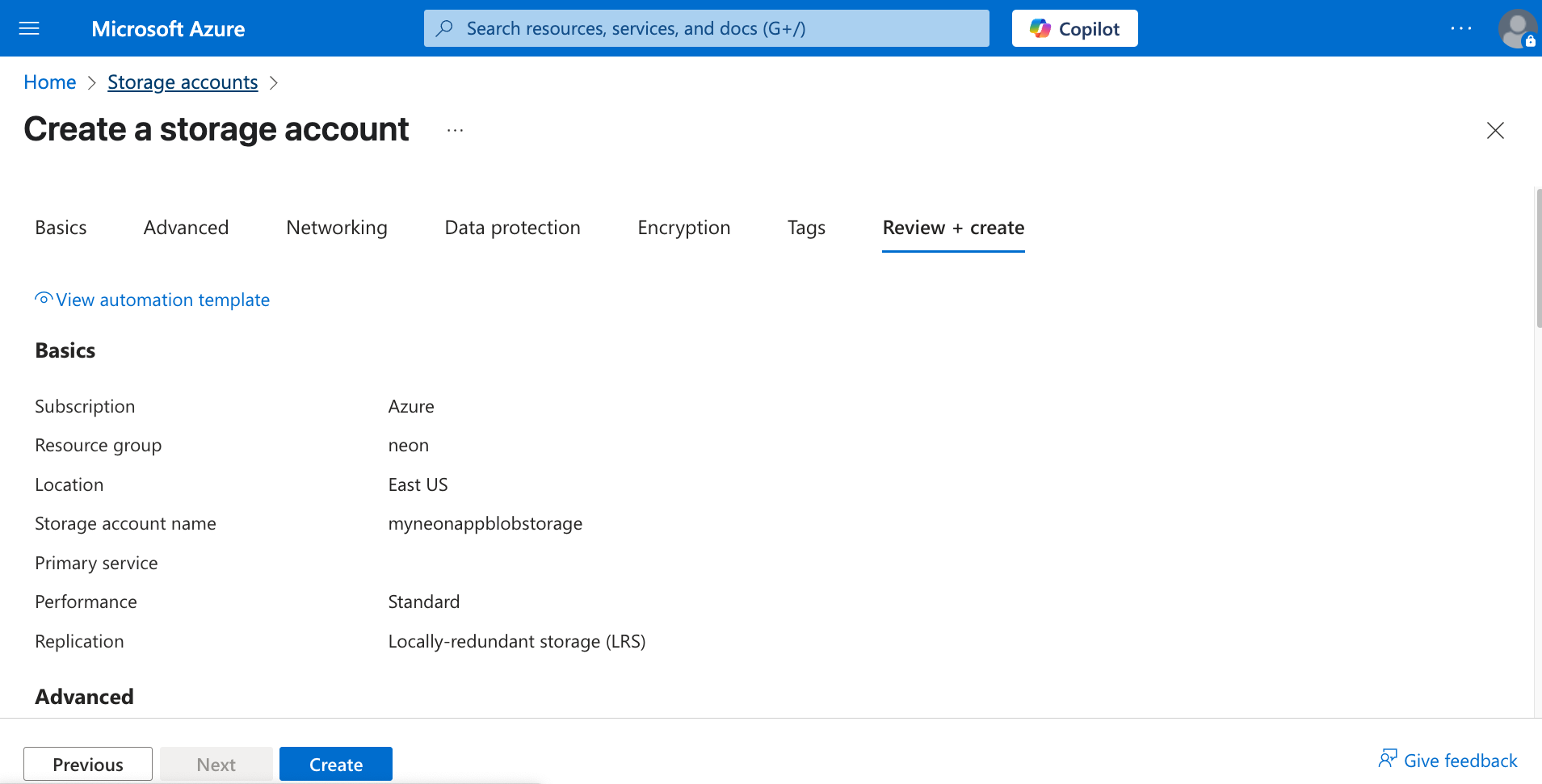 Azure Storage Account Creation