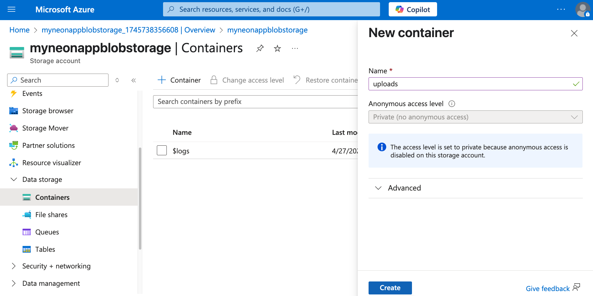 Azure Storage Container Creation