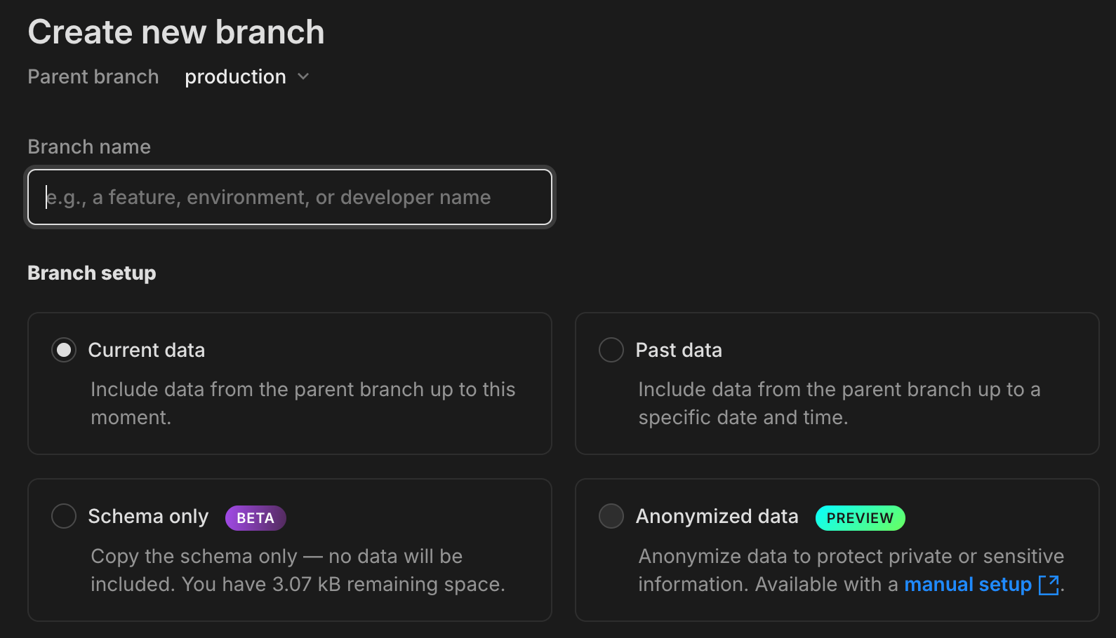 New branch creation page