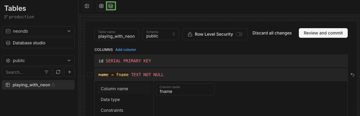Manage your database schema on the tables page
