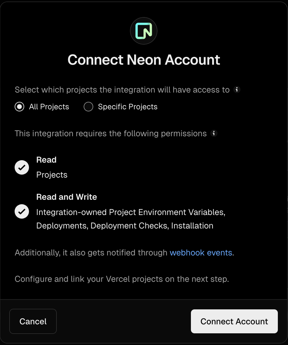 Connect Neon Account Projects