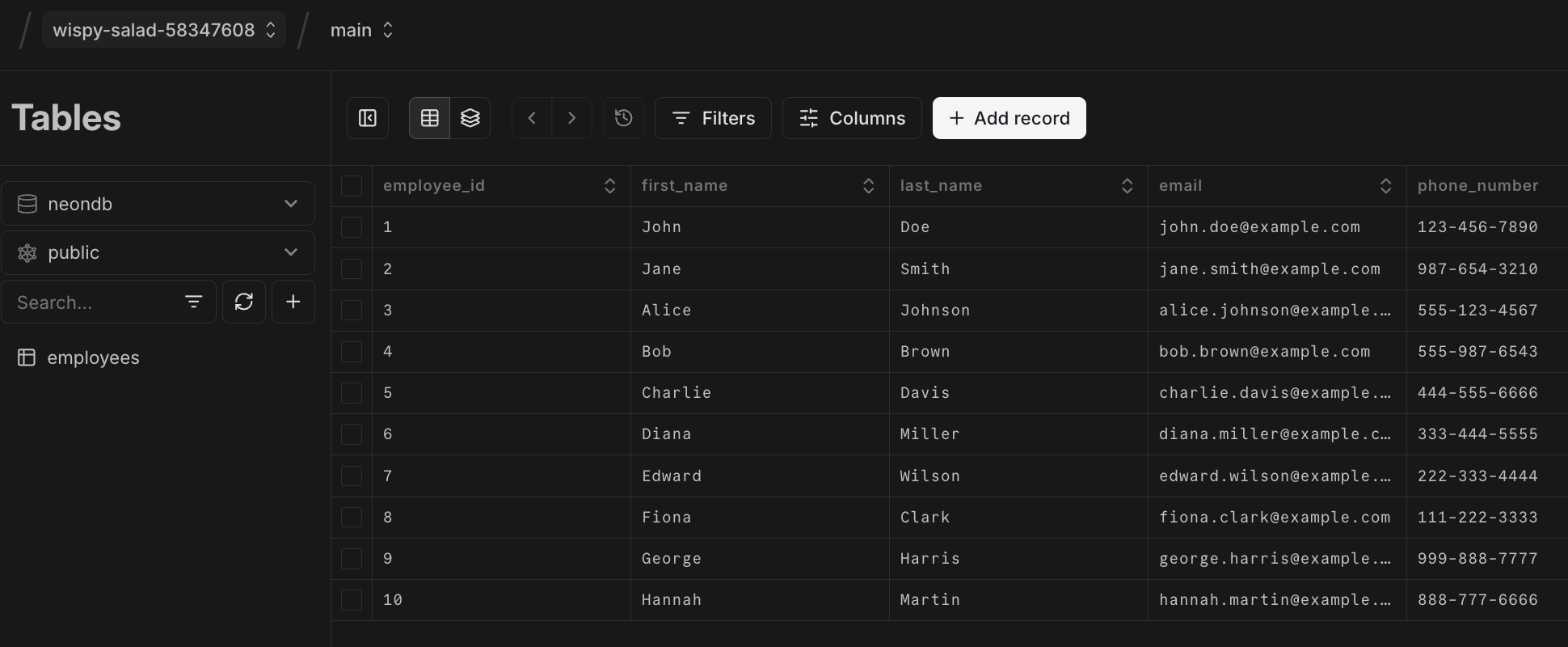 production branch with schema and data