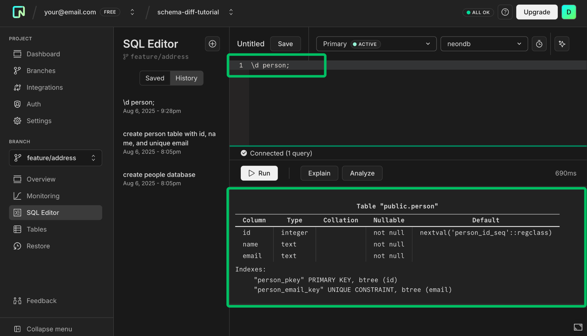 use metacommand to inspect schema