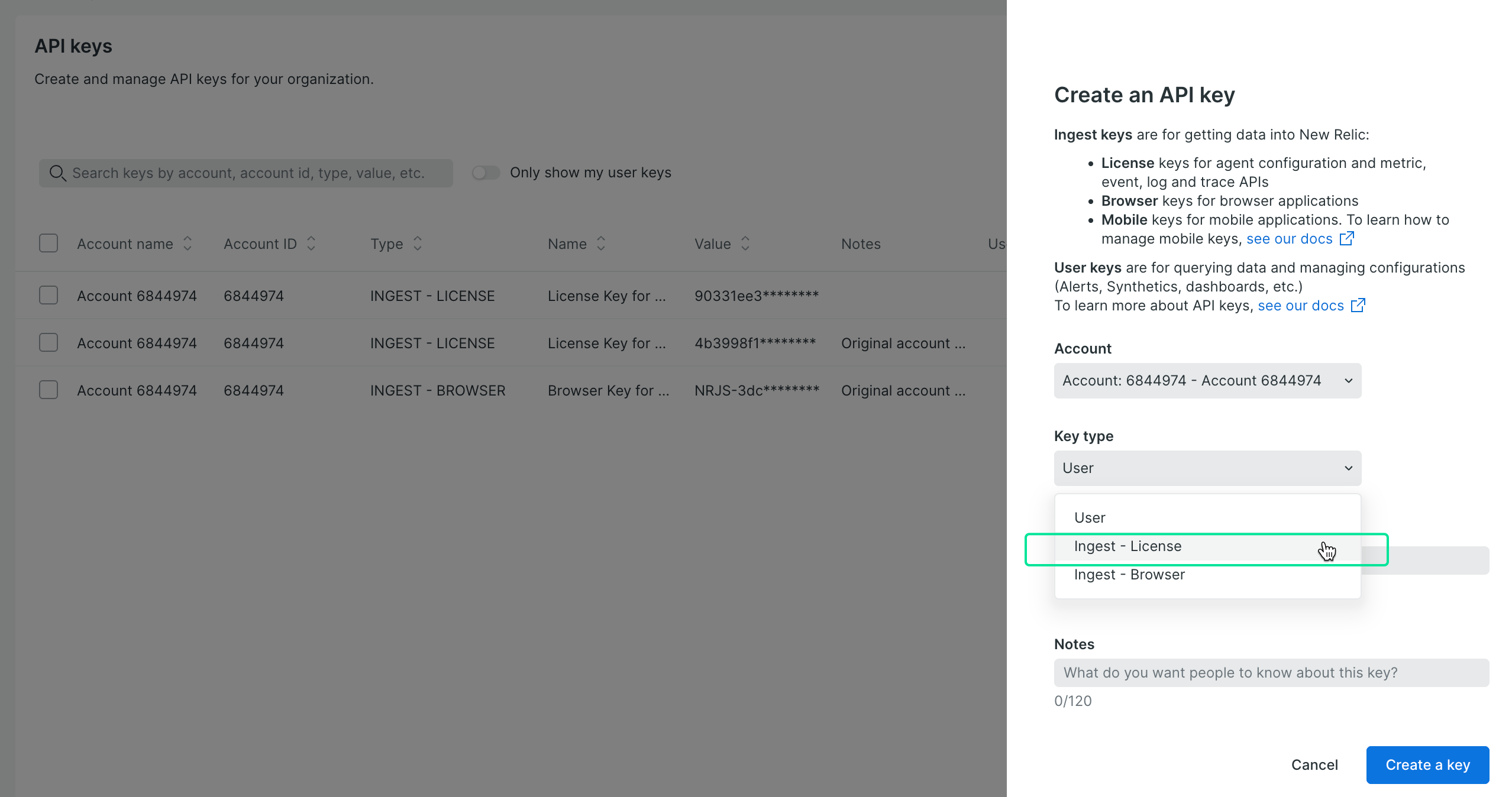 New Relic API Keys page showing license key types