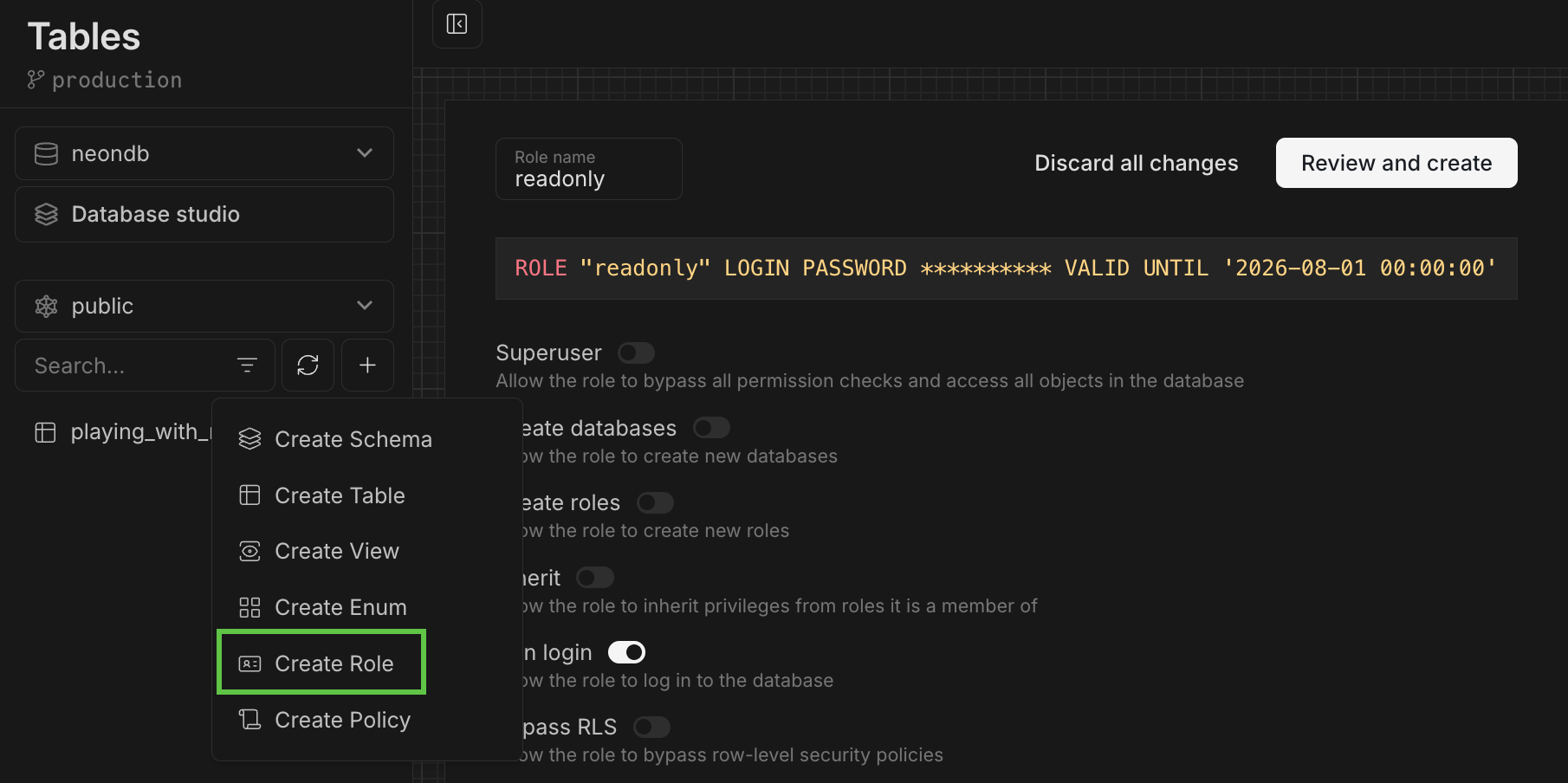 Create roles on the tables page