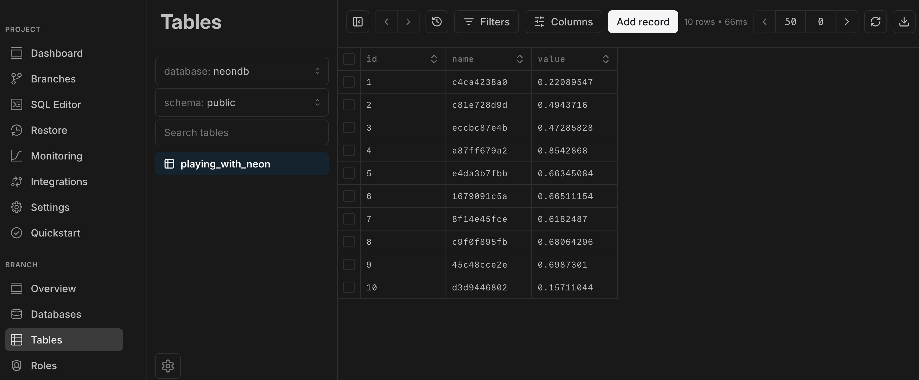 Tables page Drizzle integration