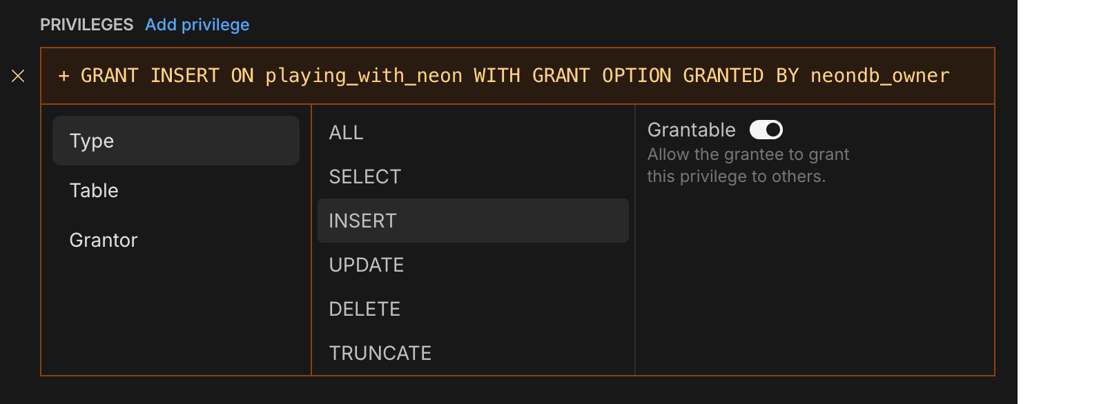Add privileges on the tables page