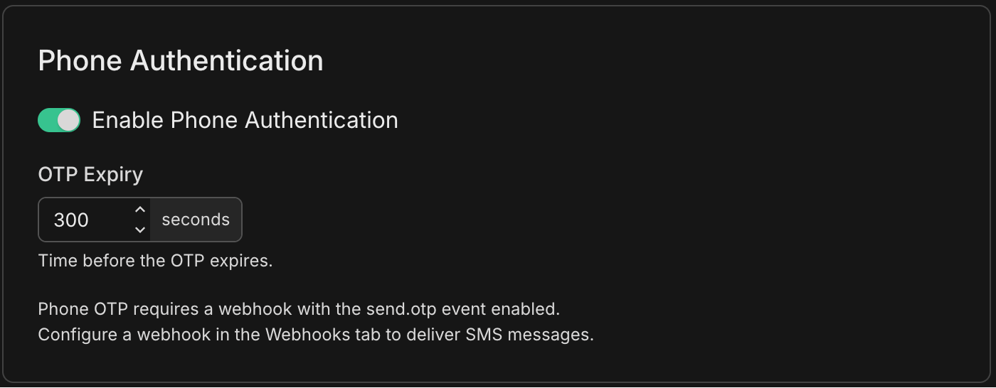 Neon Console Auth Plugins tab with Phone Number settings