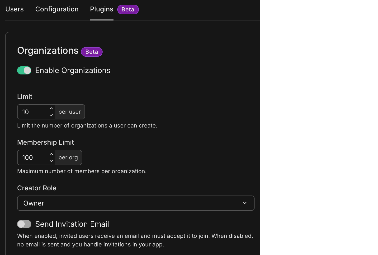 Neon Console Auth Plugins tab with Organizations settings
