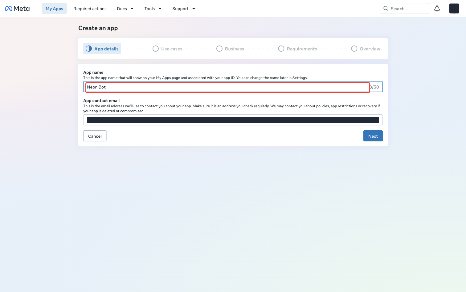 App details with Neon Bot entered as the app name