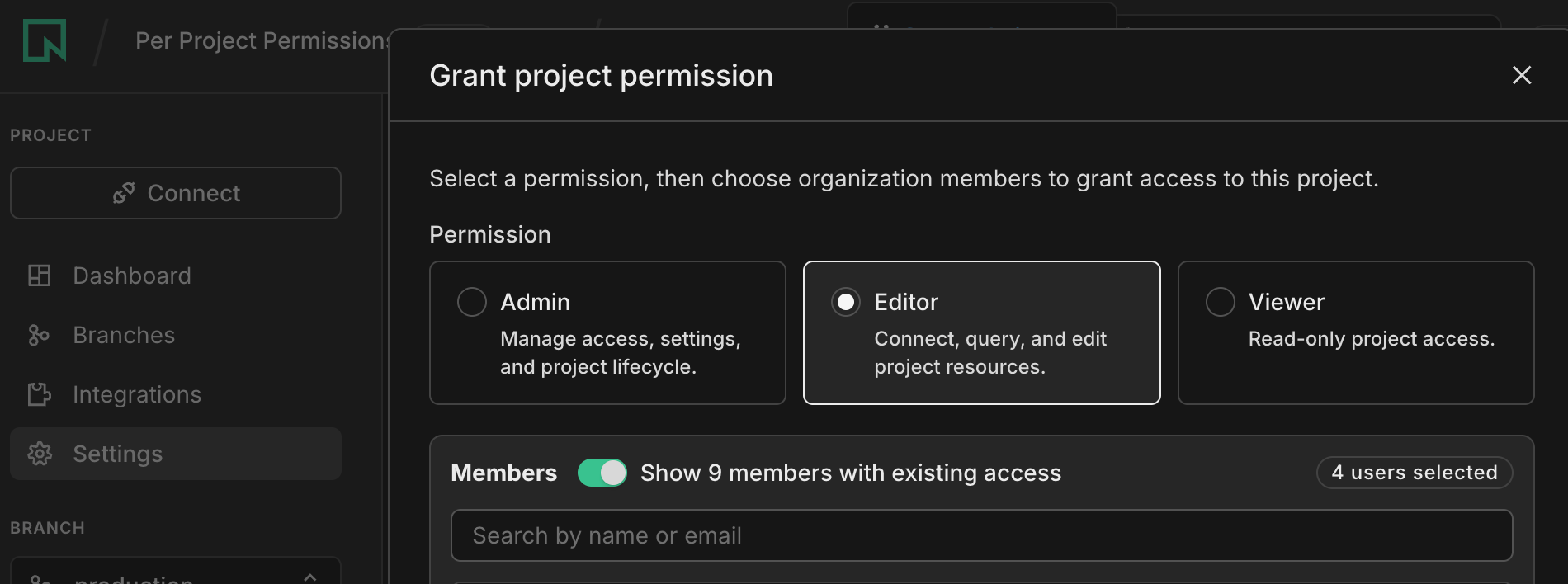 Granting a per-project permission in the Neon Console