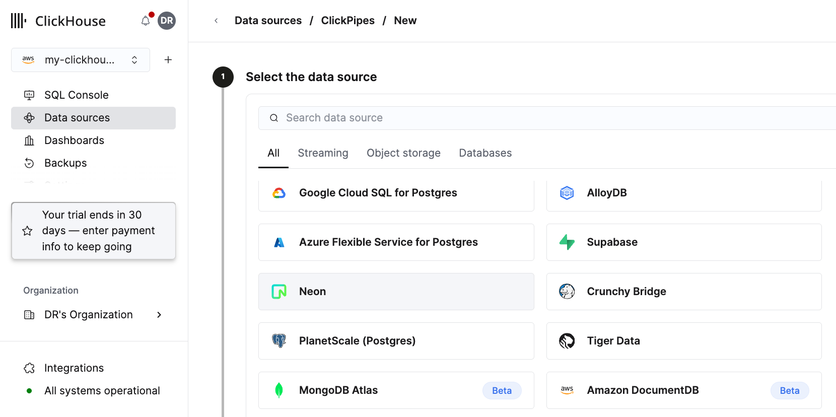 ClickHouse Cloud Neon tile for ClickPipe source selection
