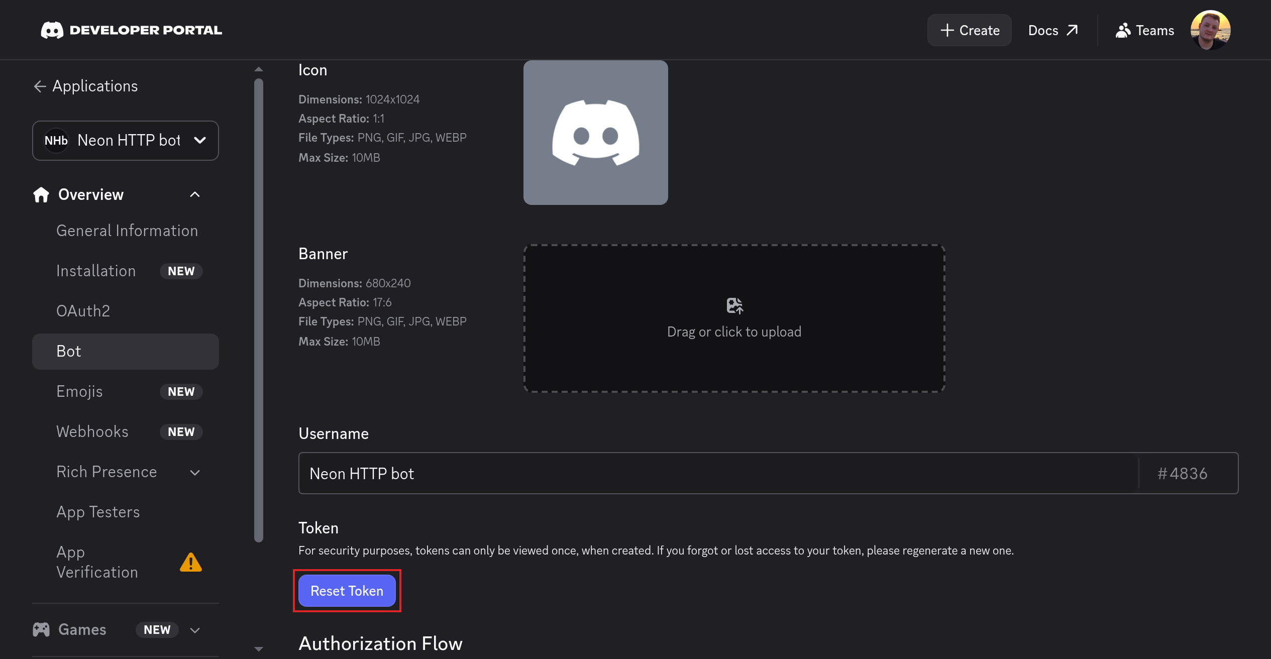 Discord Bot tab showing the Reset Token button