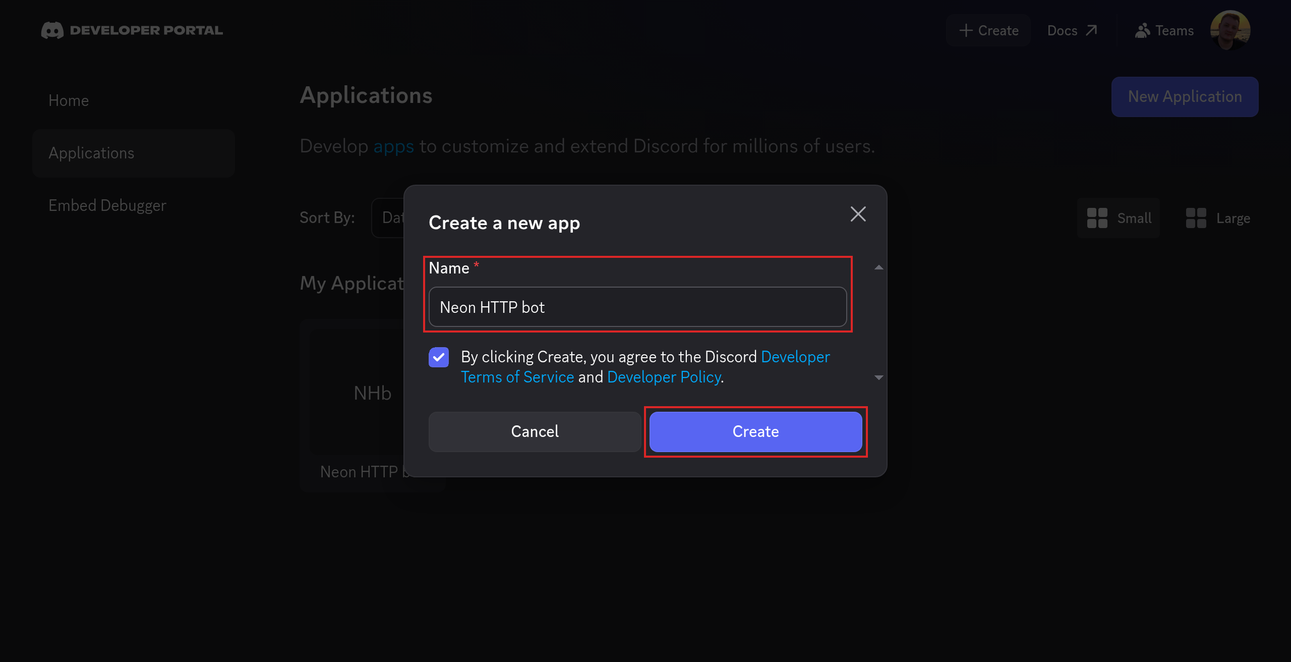 Discord Developer Portal New Application modal