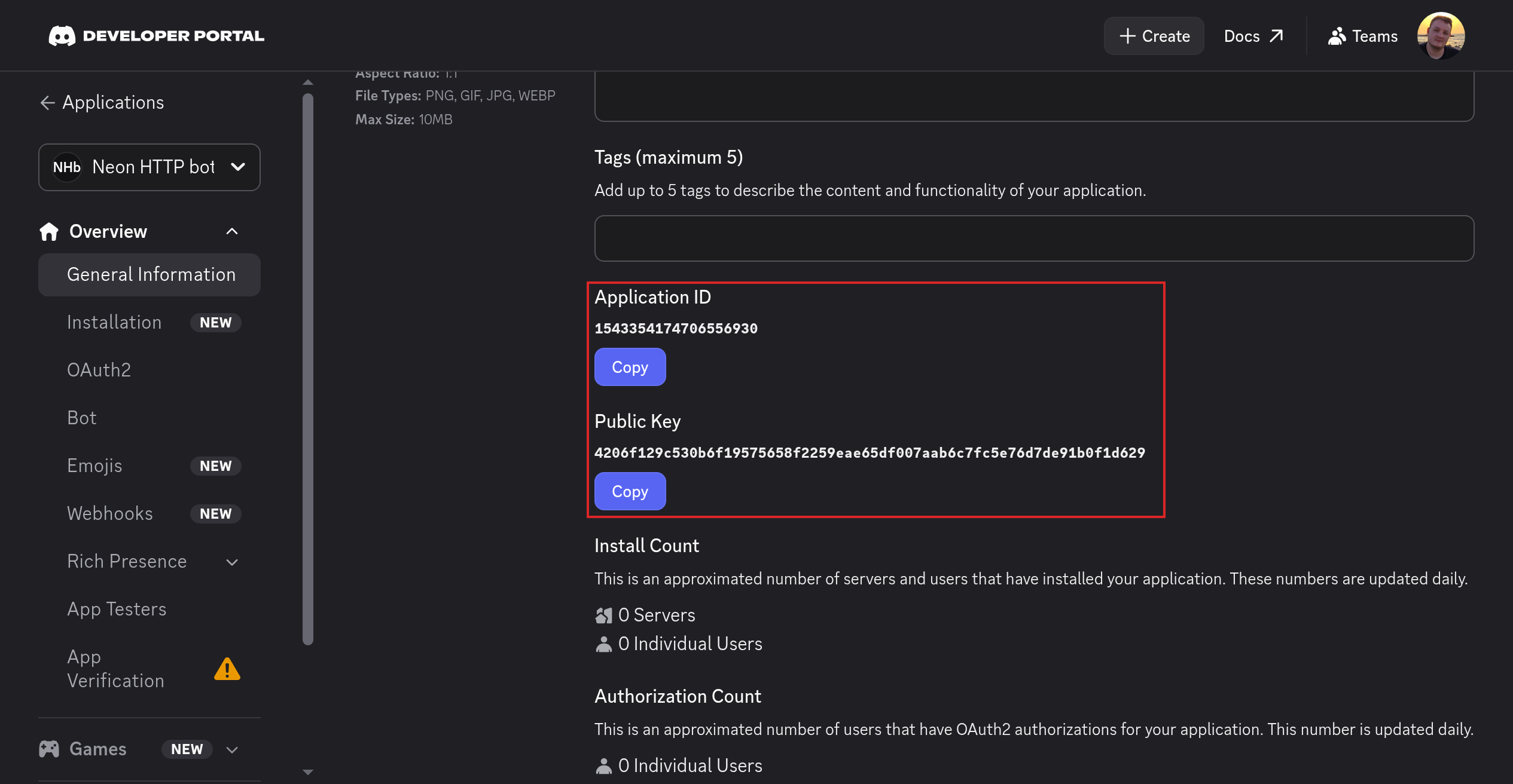Discord General Information showing Application ID and Public Key