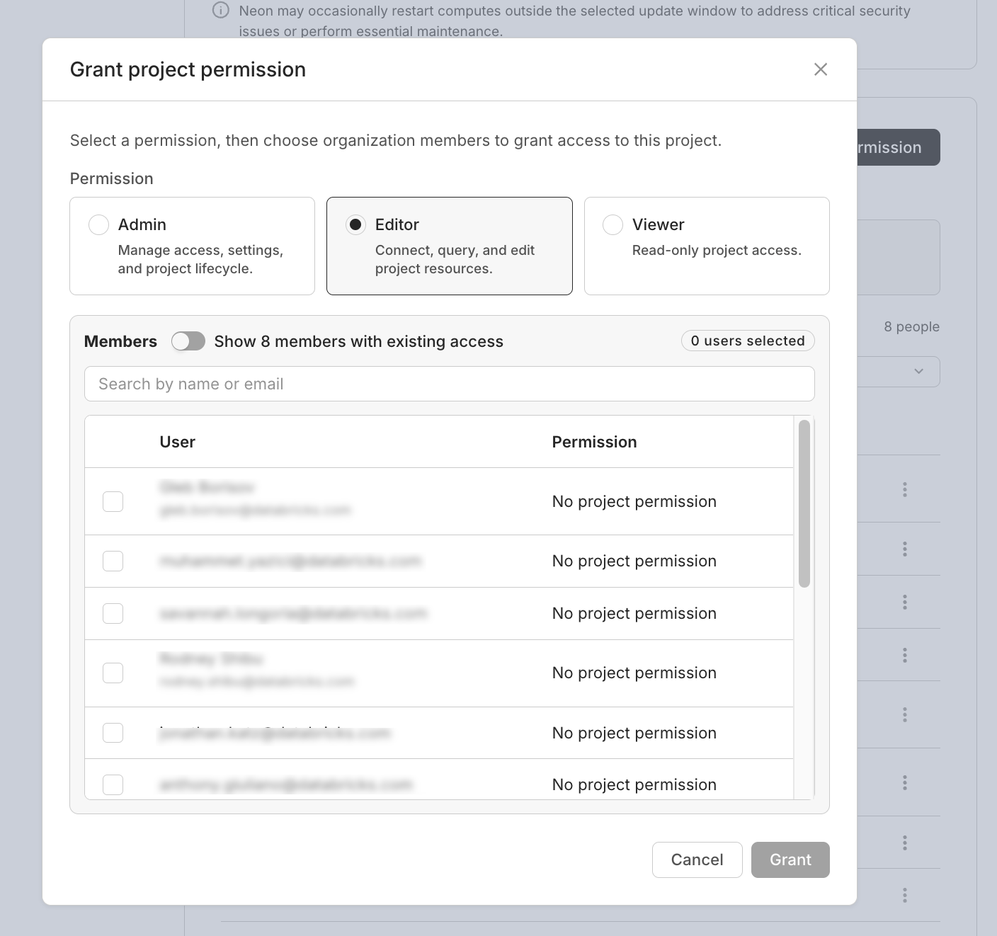 Granting a per-project permission in the Neon Console