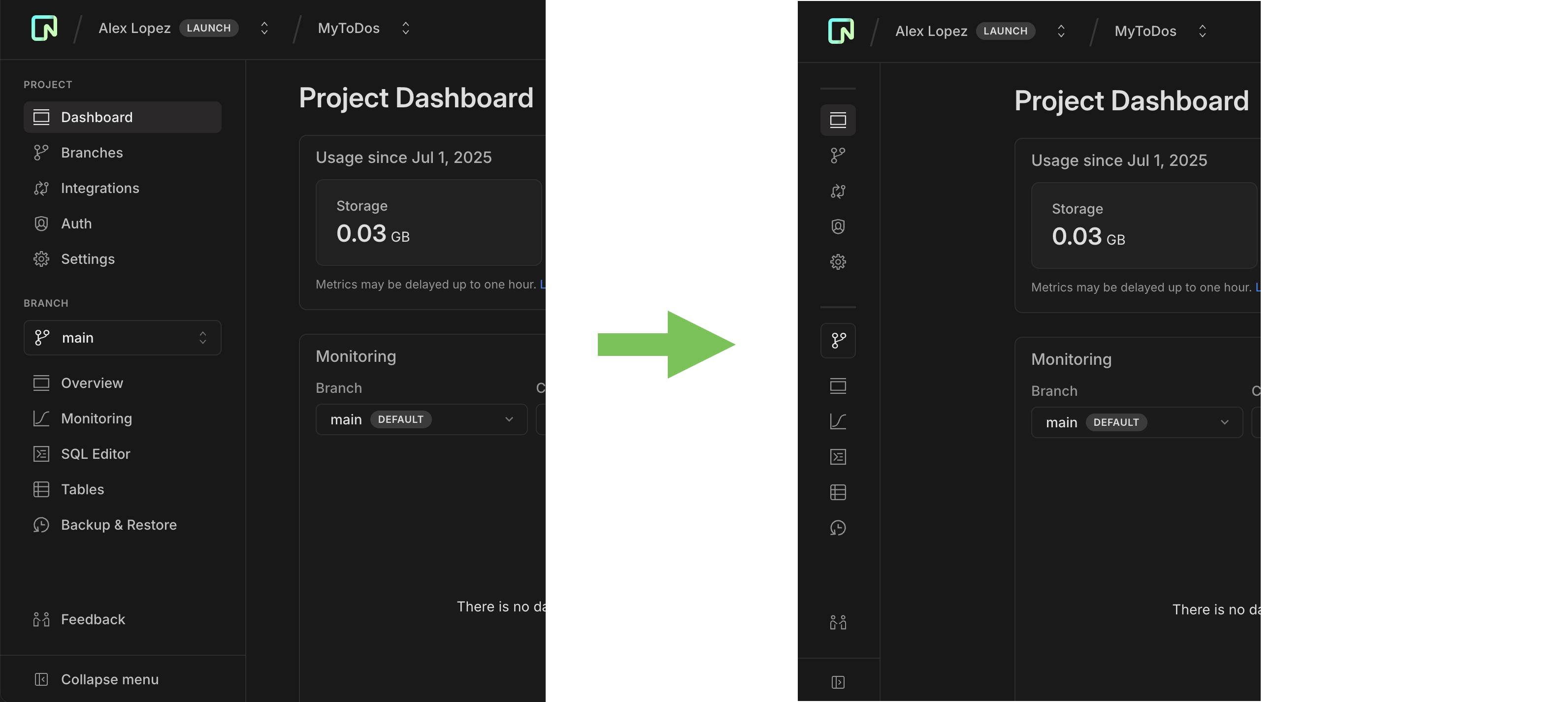 Screenshot of collapsible Neon Console sidebar