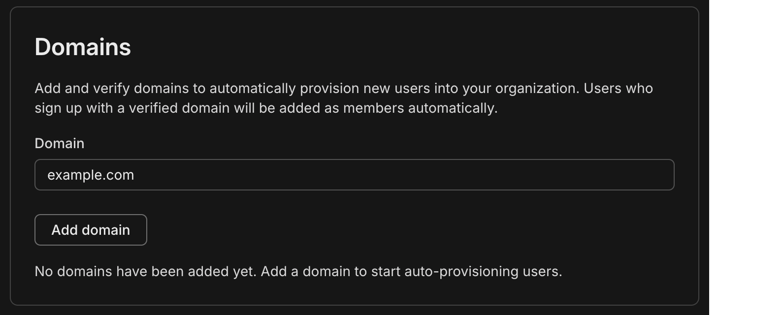 Domain section on the Organization Settings page