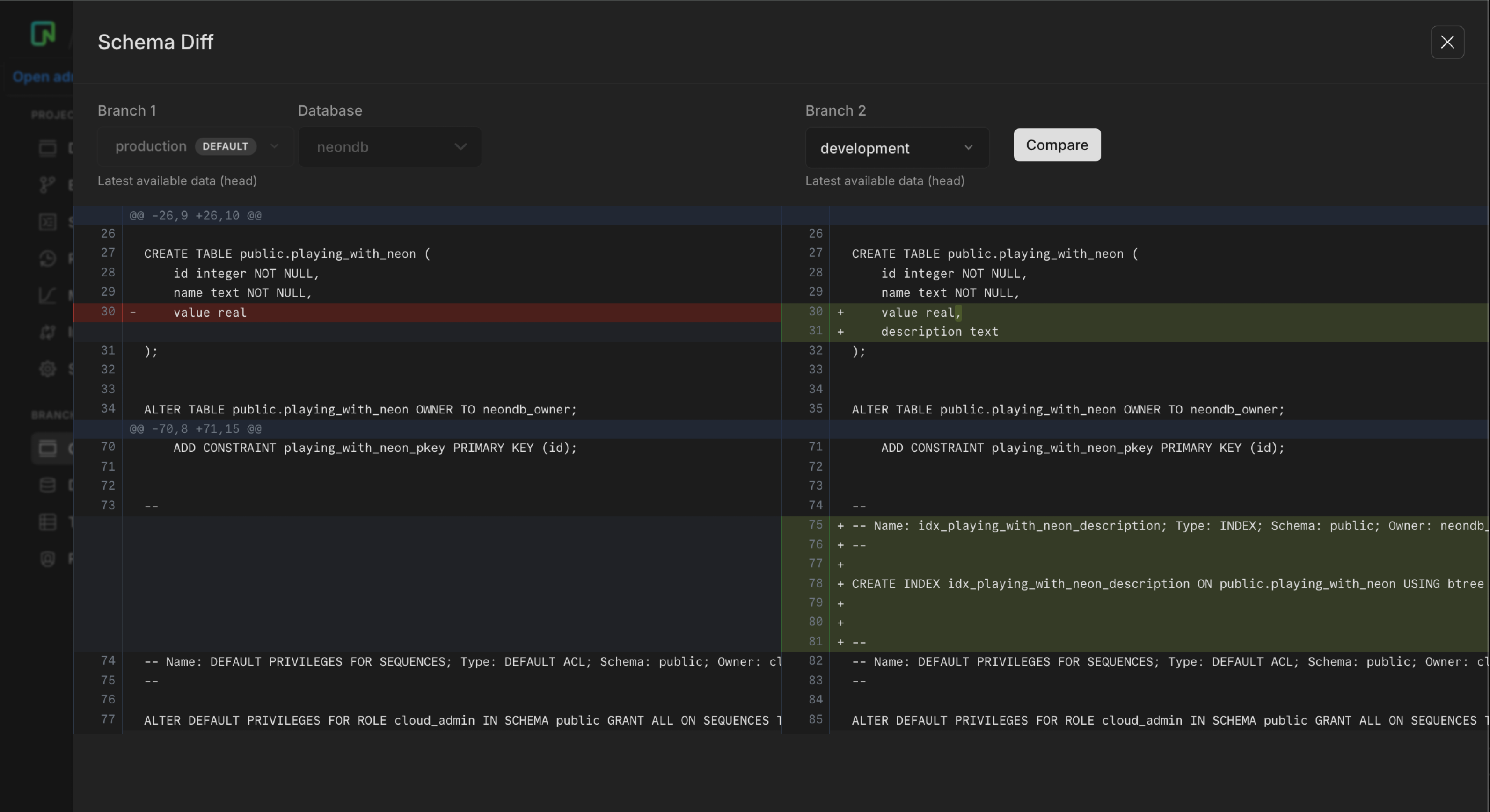 Schema diff from branches page