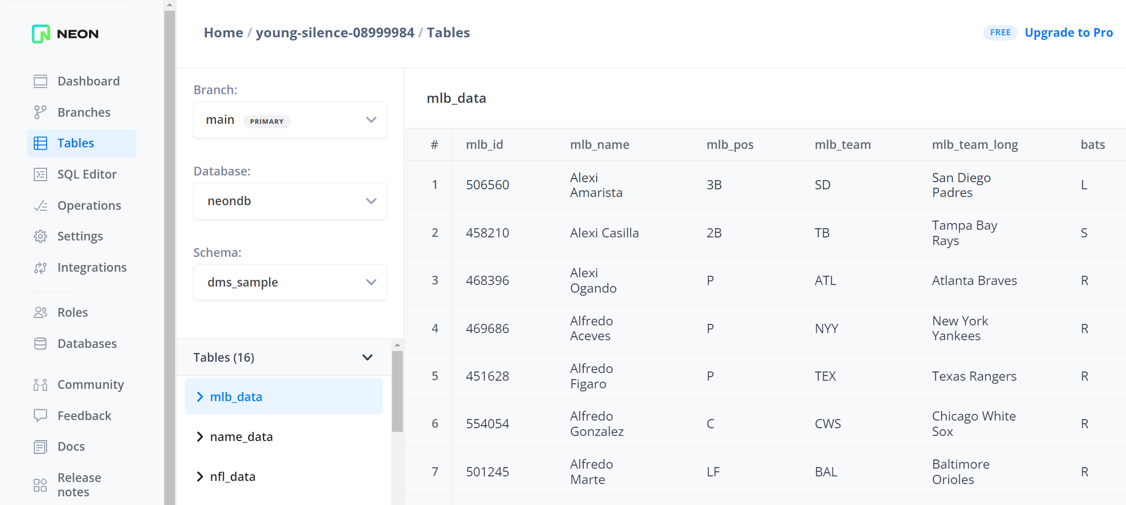 Neon Tables view showing imported data