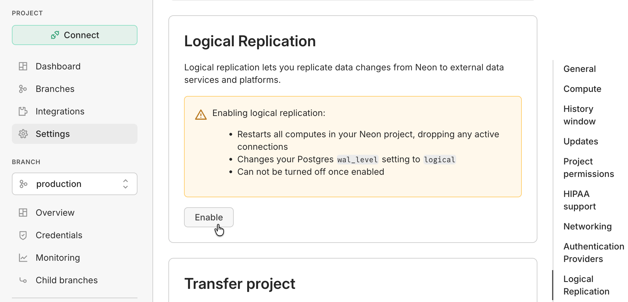 Neon dashboard settings with option to enable logical replication