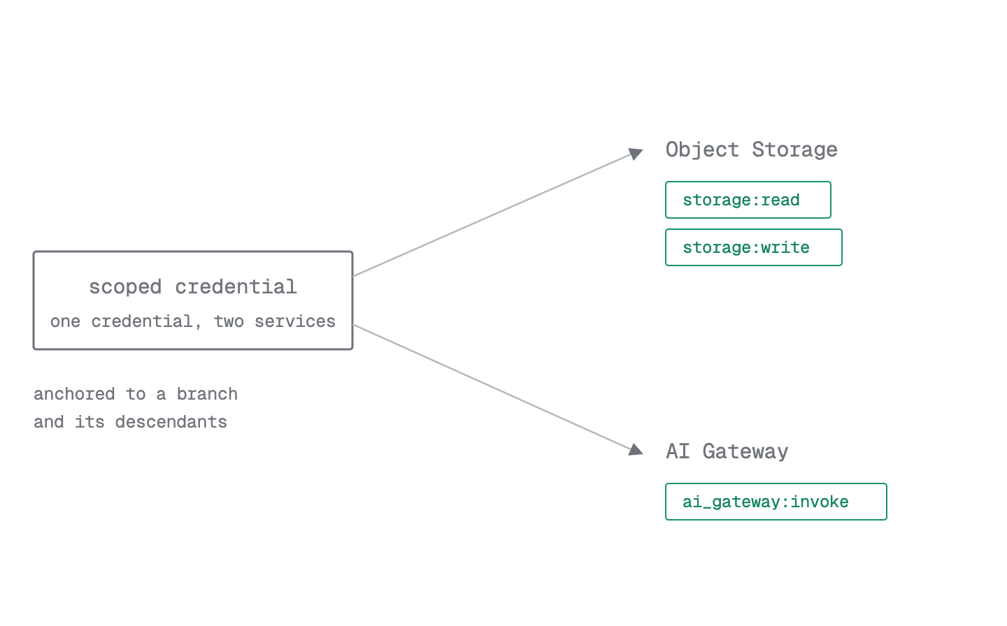Diagram of a scoped credential defined by two independent things: the scopes that say what it can do, and the branch anchor that says where it reaches.