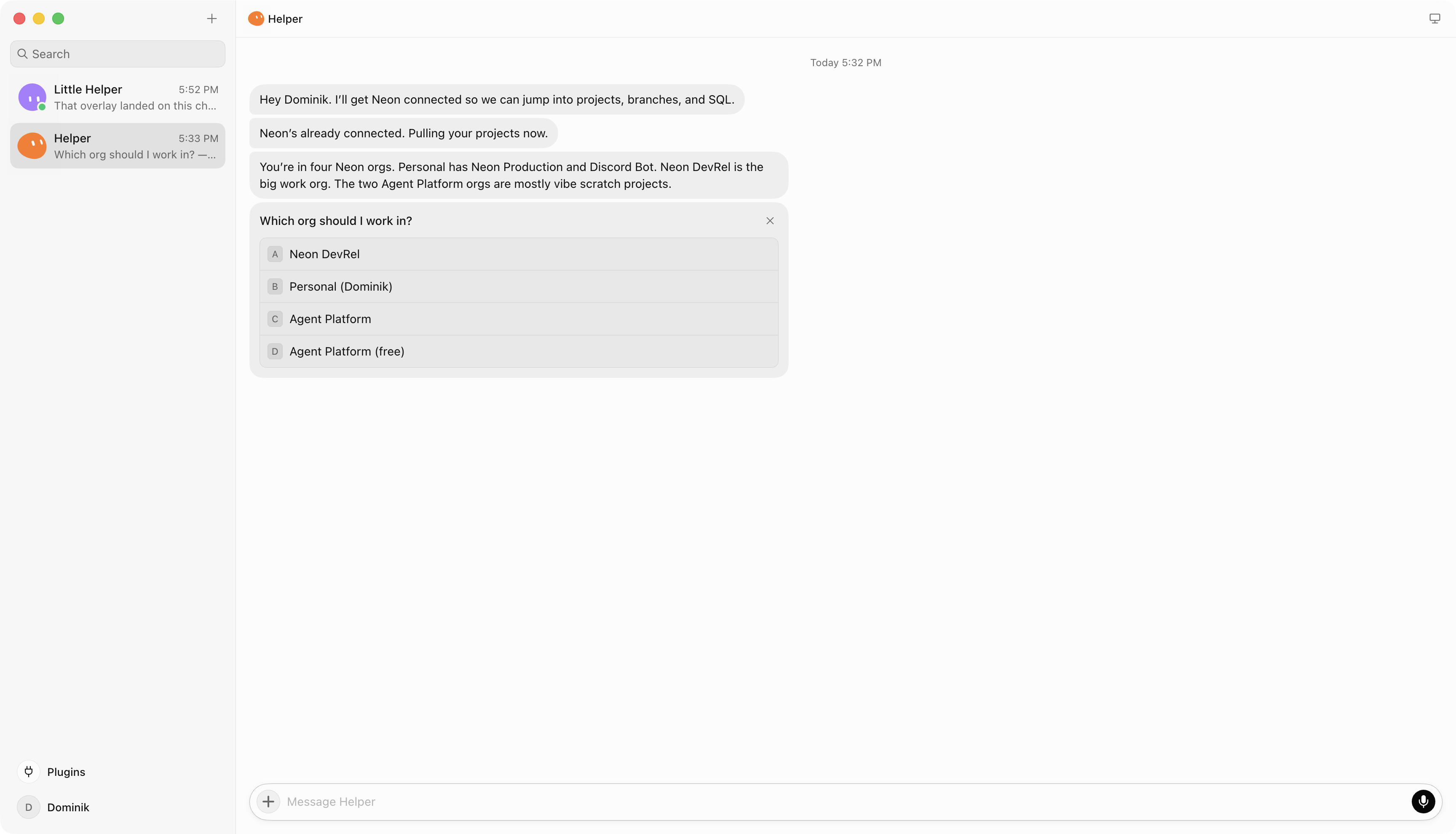 Grok Bot using the Neon plugin to list organizations