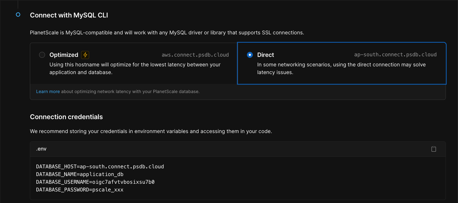 PlanetScale Connect modal showing MySQL CLI connection string