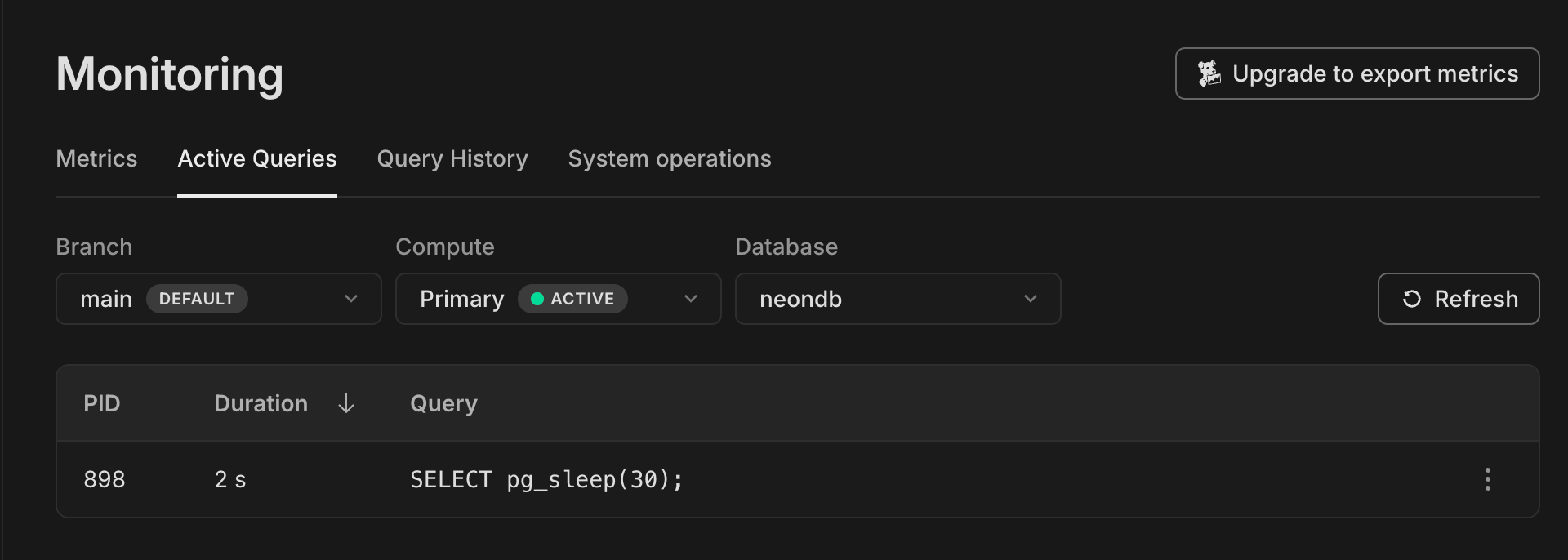 Neon active queries tab