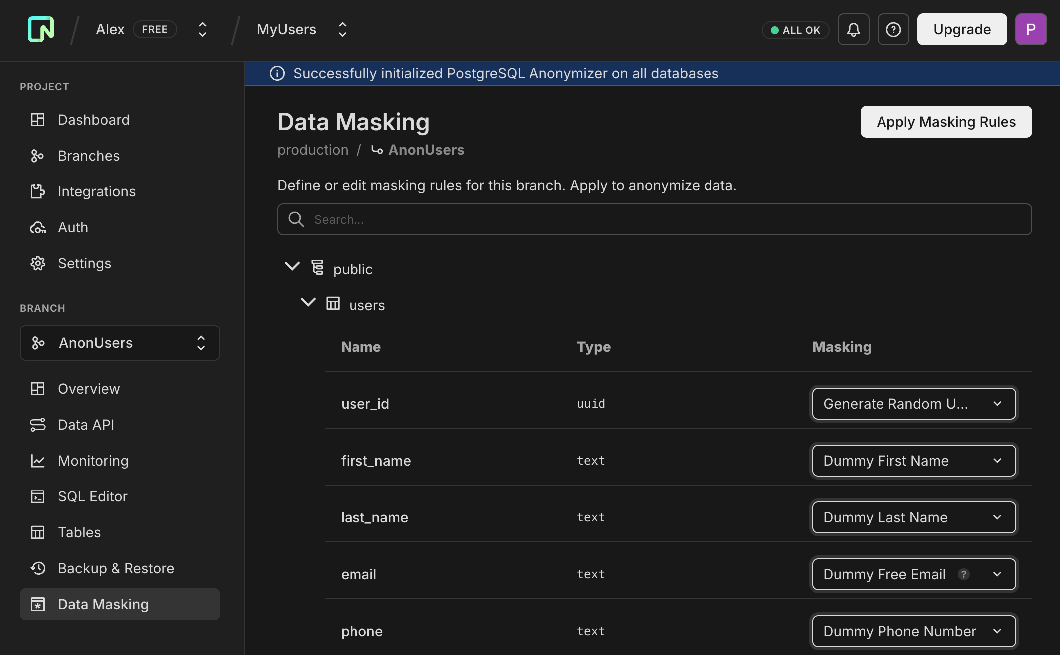Neon Console 'data masking' dialog with example masking functions configured