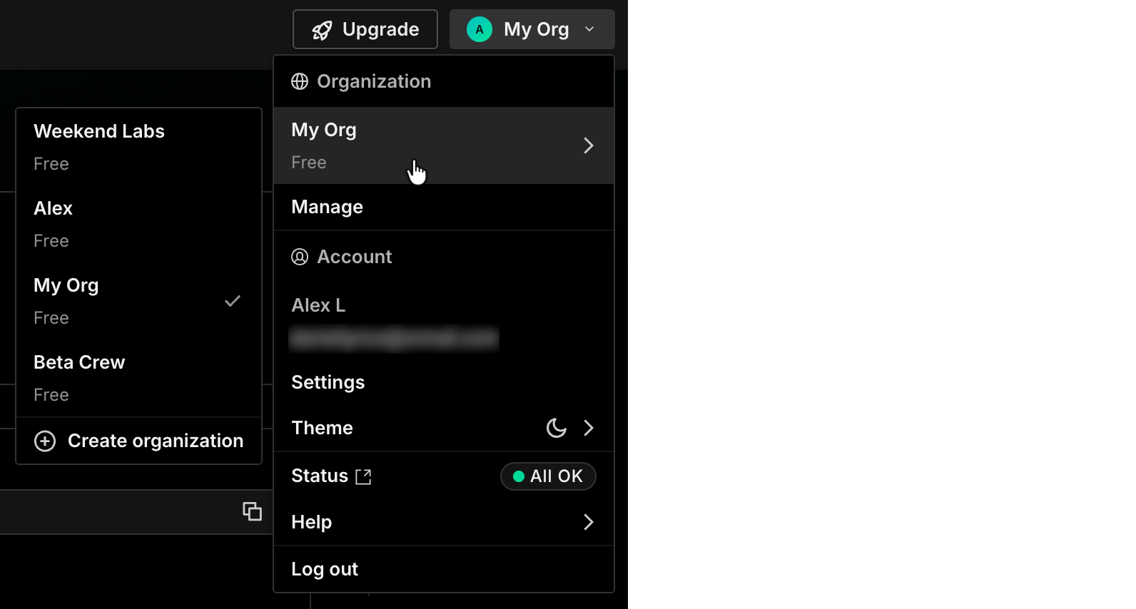 The profile menu with organization switching and account settings