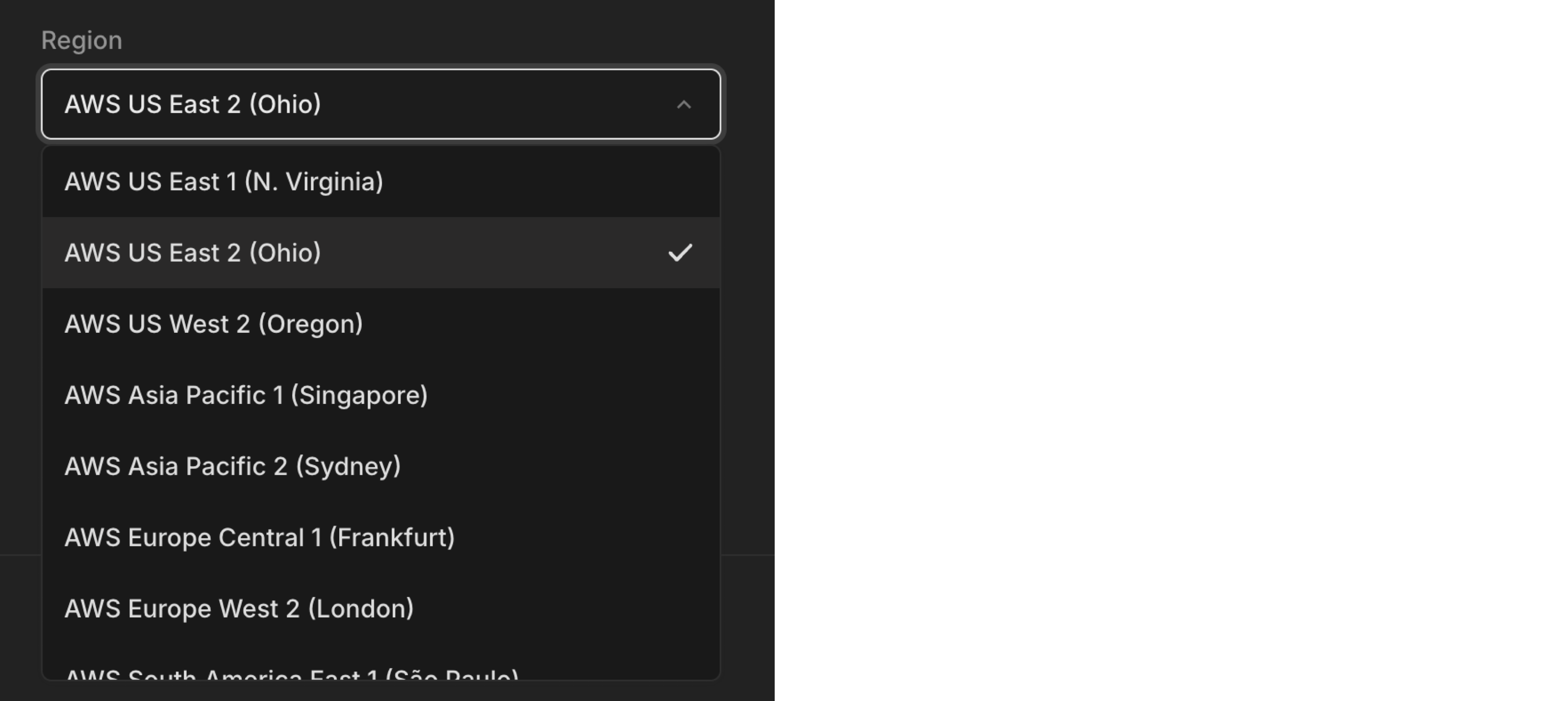 AWS region selector showing numbered regions