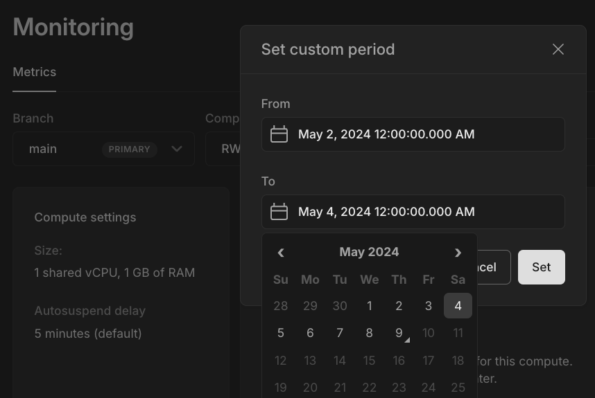 Monitoring dashboard custom date and time selector