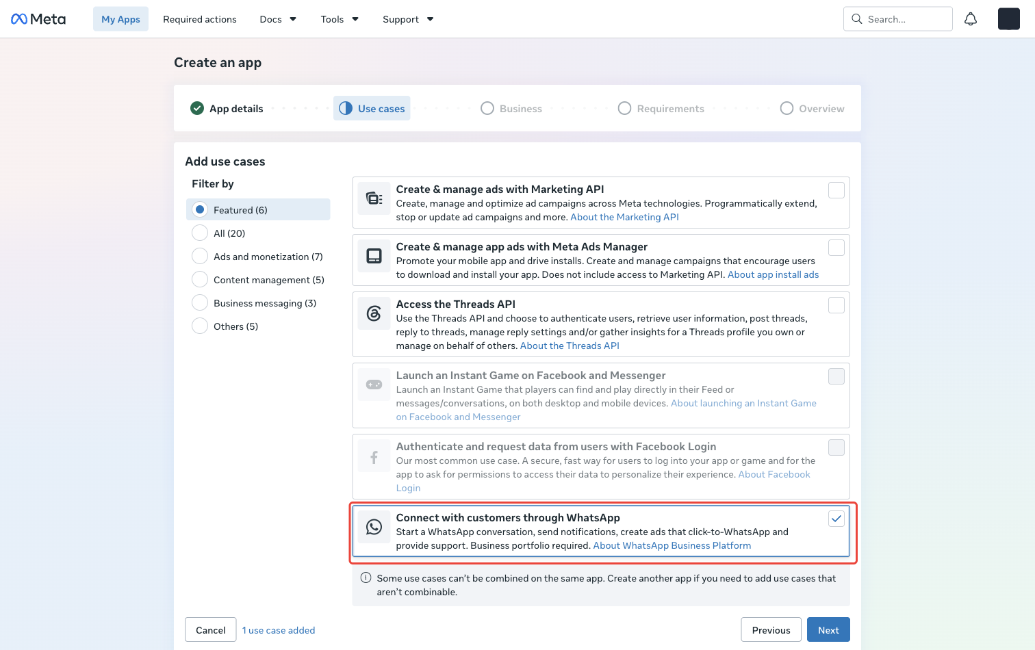 Connect with customers through WhatsApp selected as the app use case