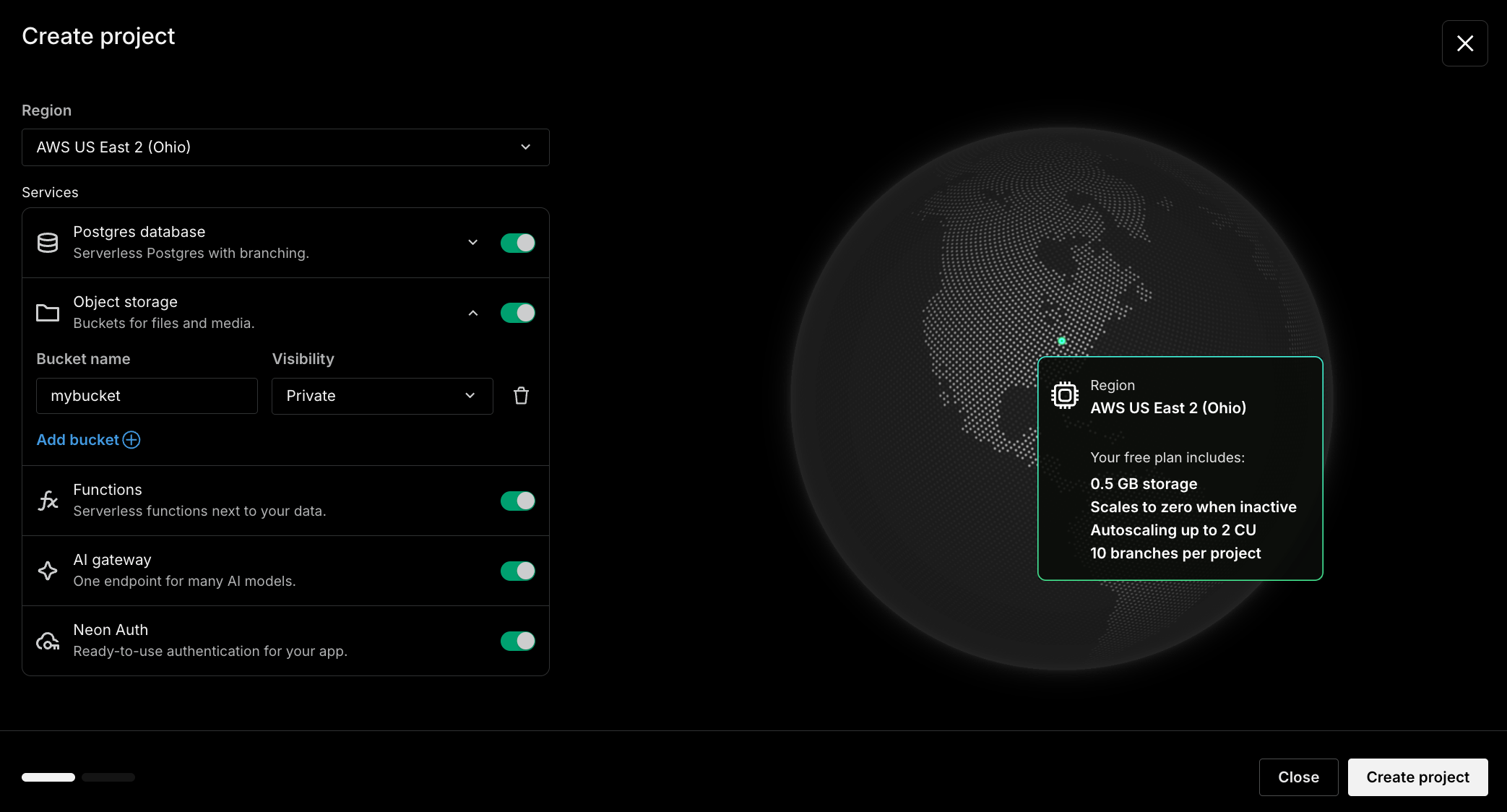 The create-project dialog with the Services section