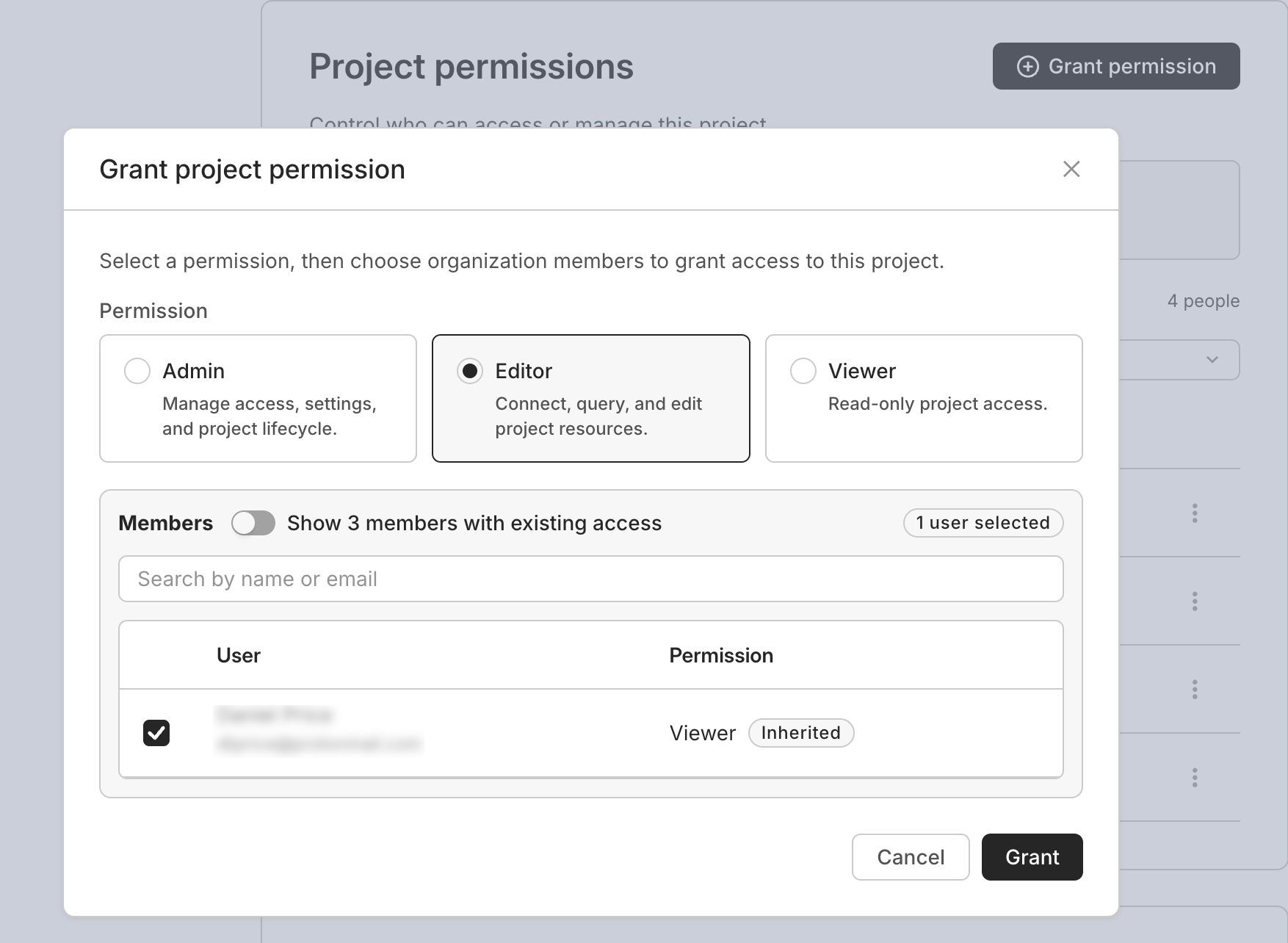Grant project permission dialog with Editor selected and Dana chosen, showing her inherited Viewer access