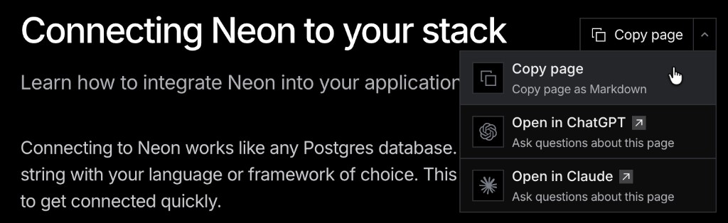 Copy page menu with Markdown, ChatGPT, and Claude options