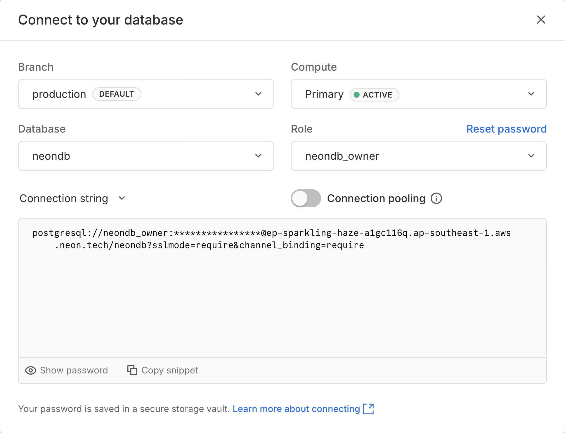 Connection details modal with connection pooling disabled