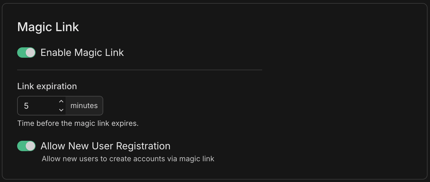 Neon Console Auth Plugins tab with Magic Link settings