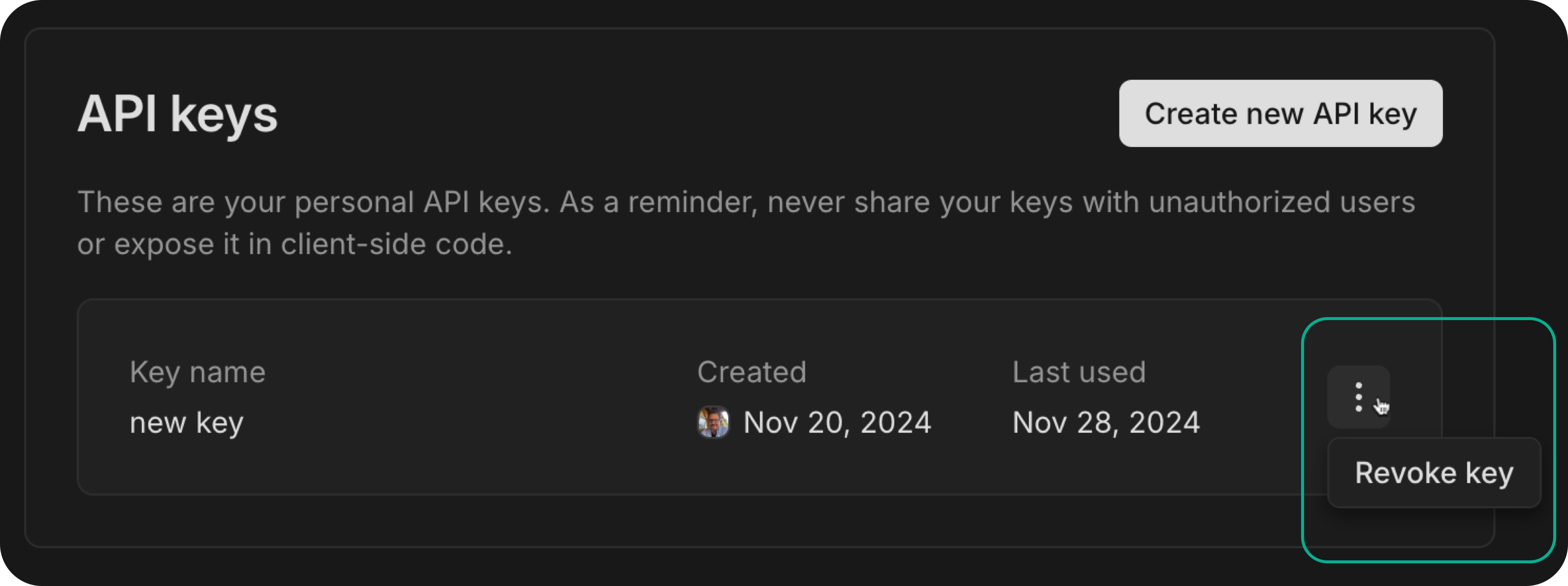 Revoking an API key in the Neon Console