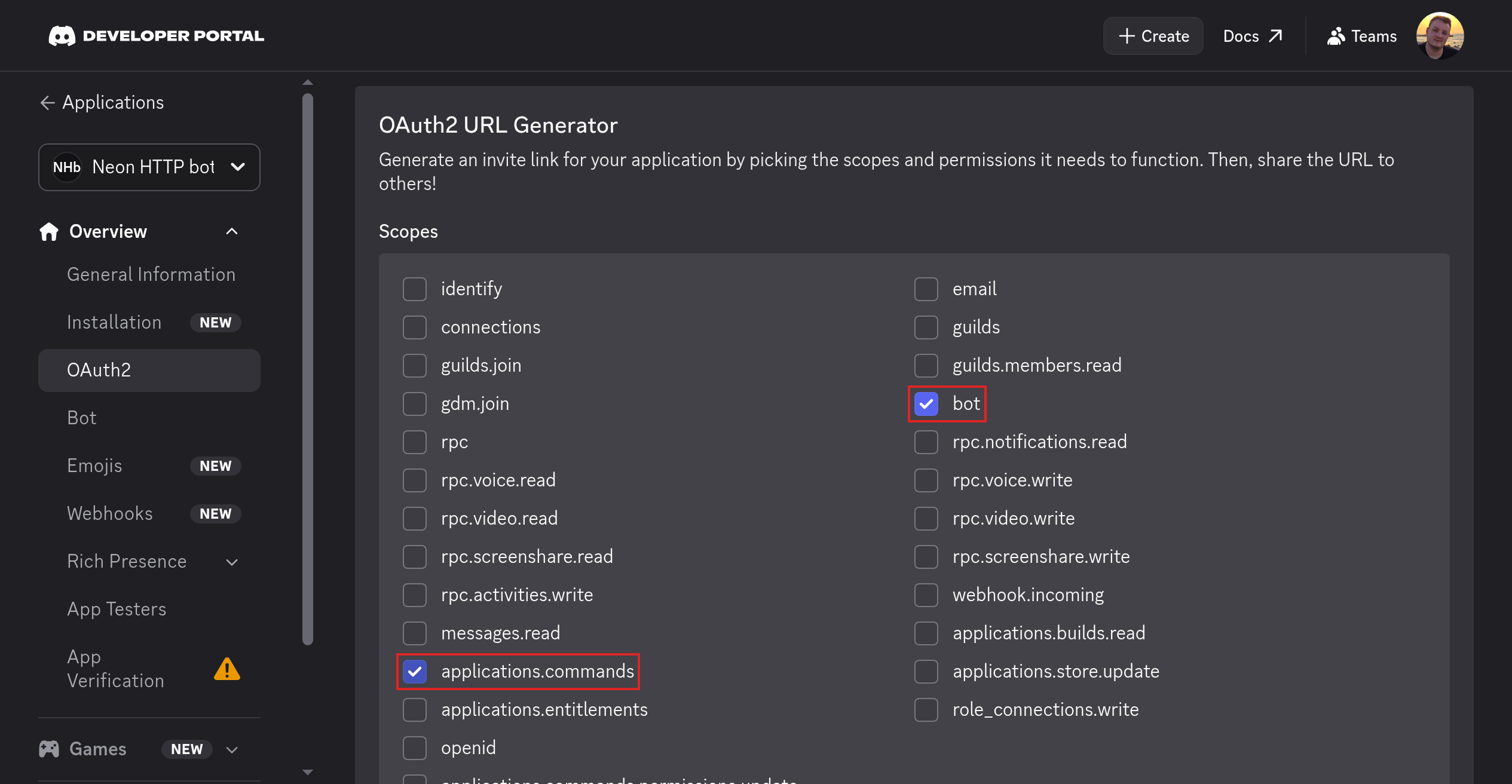 Discord OAuth2 URL Generator with bot and applications.commands scopes
