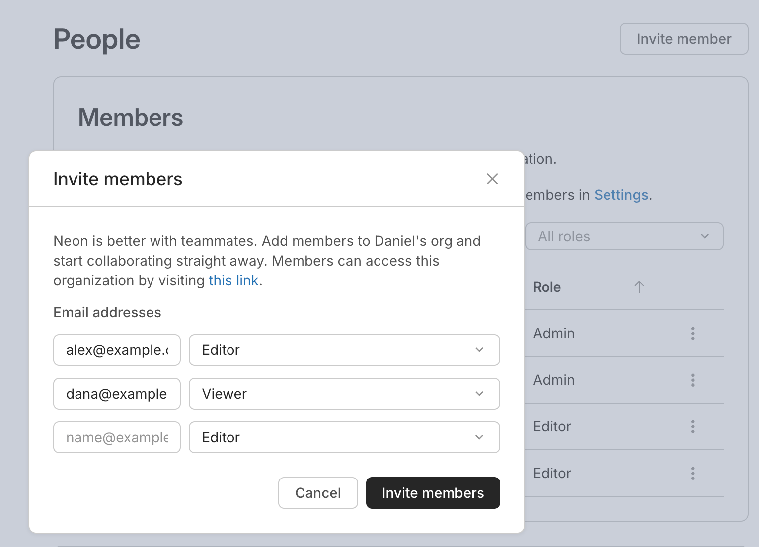 Invite members dialog with a role dropdown for each invitee