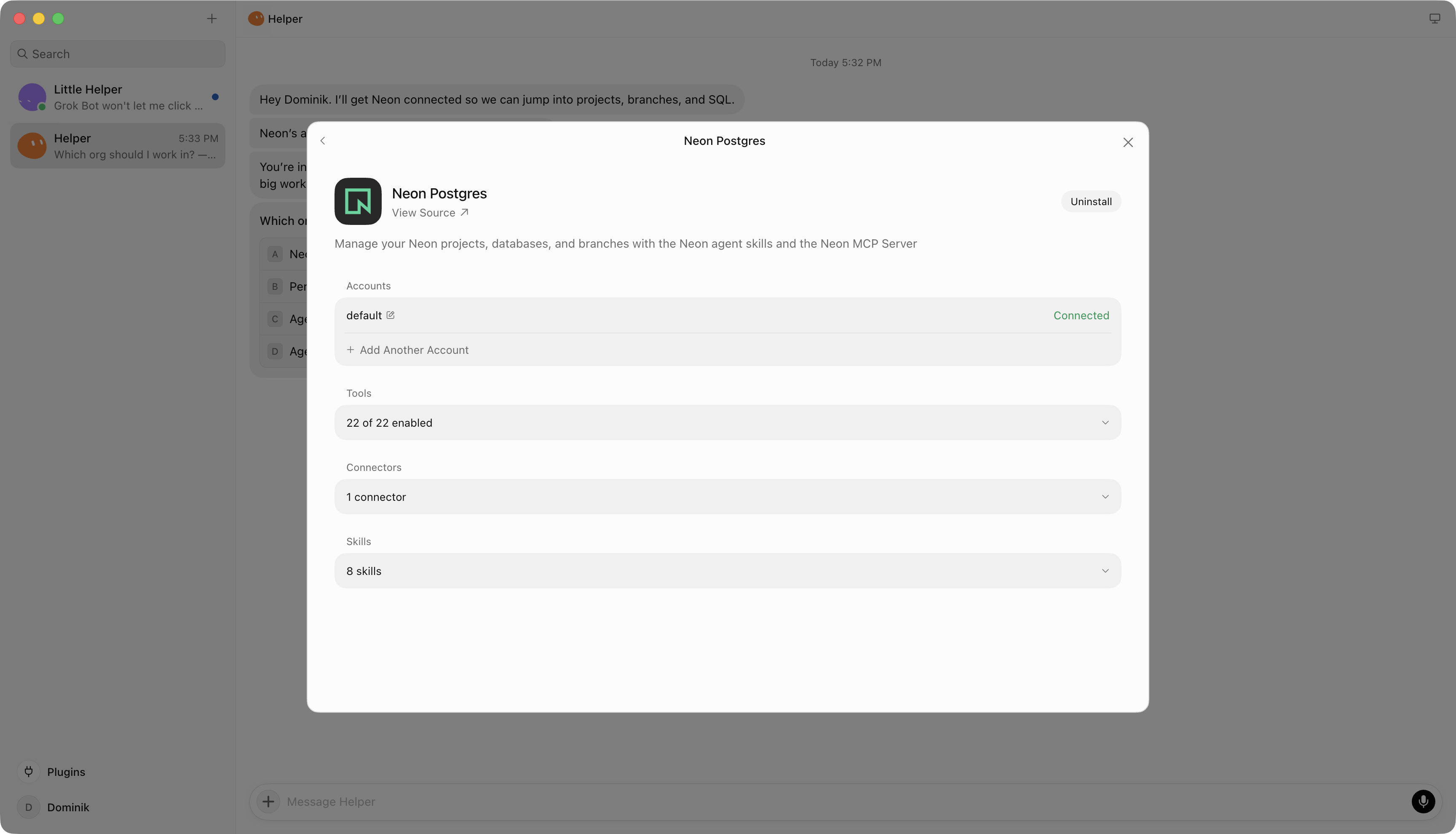 Neon Postgres plugin in Grok Bot, with the default account Connected