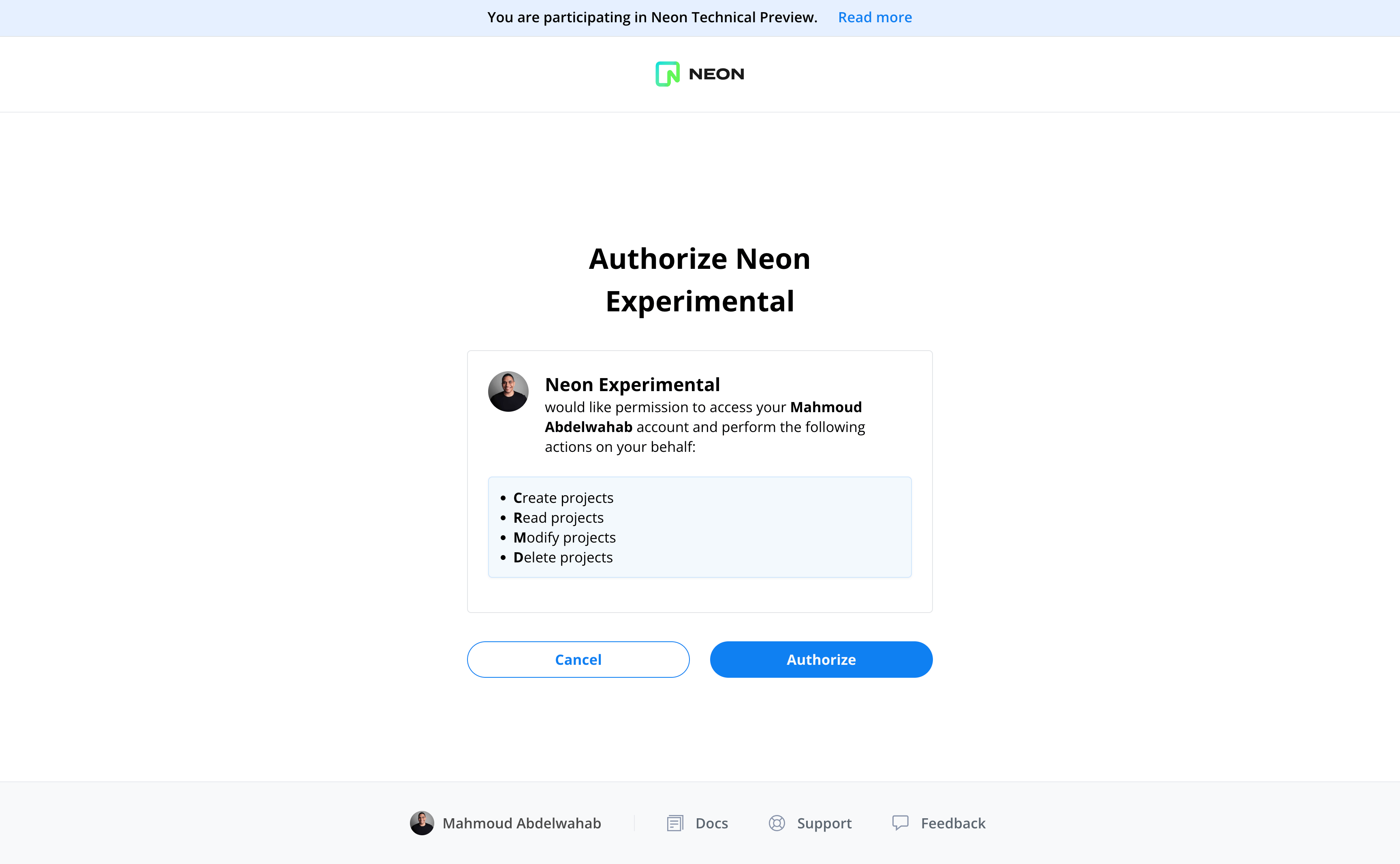 Neon OAuth consent screen